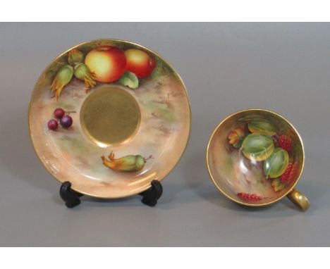 20th century Royal Worcester porcelain teacup and saucer overall hand painted with fruit. Signed E Townsend, dated 1937. (B.P