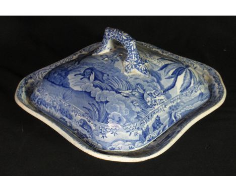 Early 19th century blue and white transfer printed Spode Indian Sporting Series vegetable tureen and cover of square form. Ma