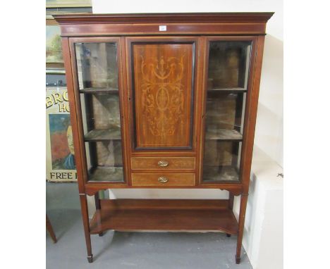 Edwardian mahogany inlaid display cabinet, the moulded cornice above blind panel foliate inlaid cupboard, the interior reveal