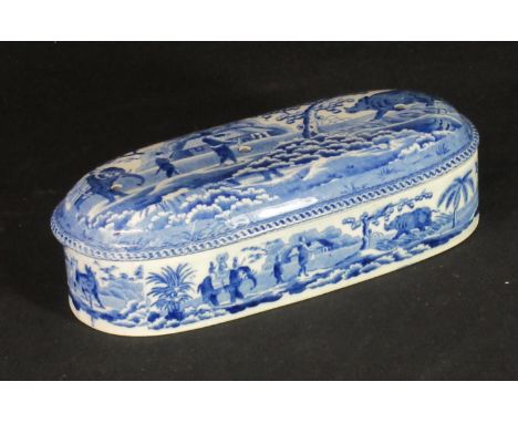 19th century Spode china Indian Sporting design hog or rhinoceros hunting blue and white transfer printed toilet box with ova