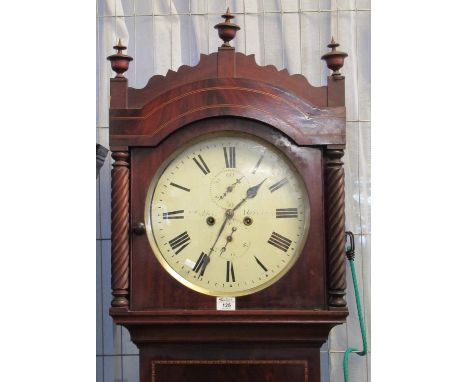 19th century inlaid mahogany eight day Welsh longcase clock, having circular, painted Roman face with seconds and date dial.(