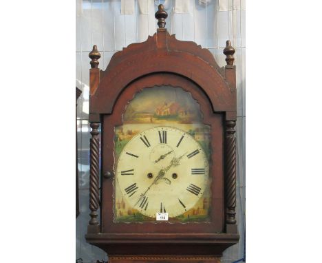 19th century Welsh mahogany eight day longcase clock with painted face, the case with checkered strung decoration and spiral 