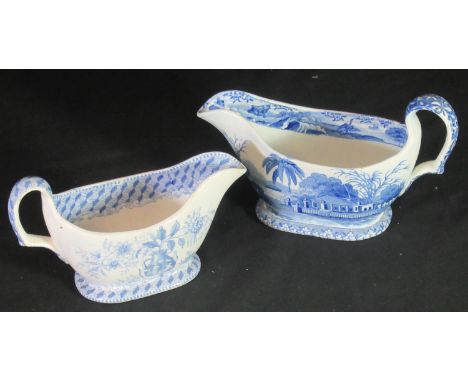 Two 19th century Spode china sauce boats, blue and white transfer printed with Indian scene and running grey hounds to the in