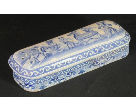 19th century Spode blue and white transfer printed china toilet box, unusually printed with musicians and dancers design, bas