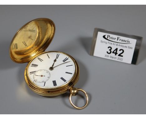 18ct gold full hunter key wind gentleman's pocket watch, the movement marked Thomas Thomas, High Street, Cardigan. White enam