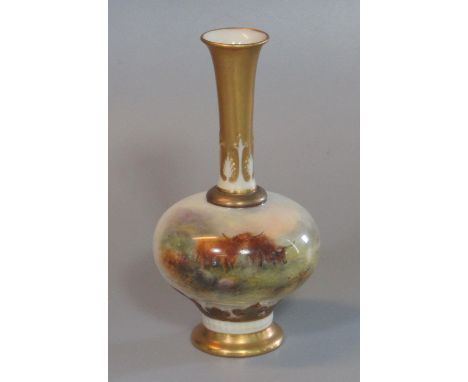 Royal Worcester porcelain bottle or specimen vase, hand painted with highland cattle. Signed by Harry Stinton, dated 1928. Sh
