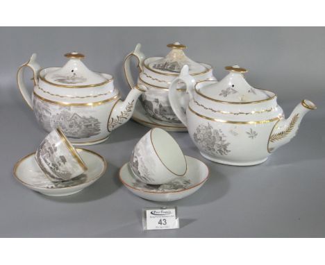 Group of 19th century Spode china bat printed wares with black decoration to include three silver-shaped baluster teapots, an