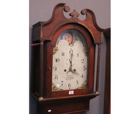 19th century Welsh oak eight day cottage longcase clock marked R Griffith, Denbigh, having arch painted face with Arabic nume