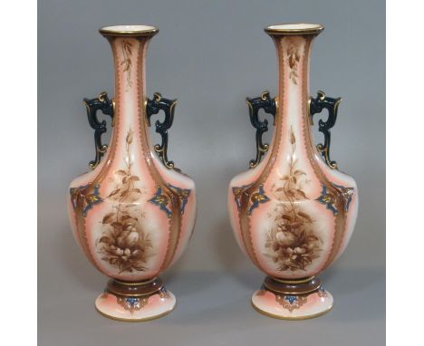 Pair of late Victorian Hadley Worcester two-handled vases hand painted with birds and flowers. 28cm high approximately. Print
