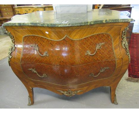 Louis XV style kingswood bombe commode chest, the green veined marble serpentine top above serpentine shaped two drawers, fla