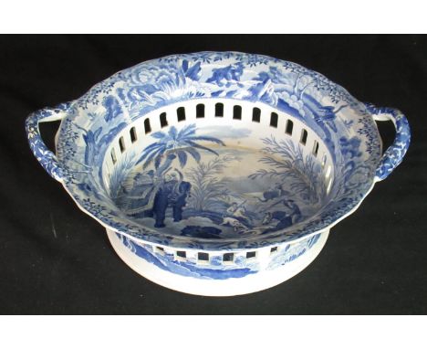 Early 19th century Spode blue and white transfer printed Indian Sporting Series two-handled chestnut basket of circular form,