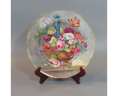 Royal Worcester Plate overall decorated with a bouquet of flowers in a vase, signed H Price. Black printed marks to the base.
