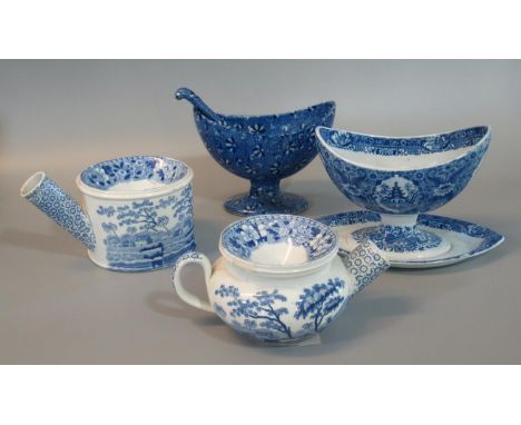 Two 19th century blue and white transfer printed china spouted spittoons, both in 'Tower' design, one with removable upper di