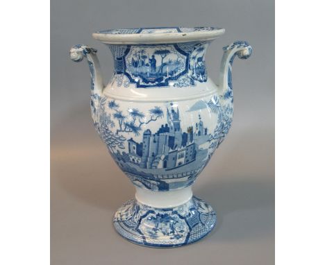 Early 19th century Spode china blue and white transfer printed baluster-shaped two-handle vase, overall decorated in 'Gothic 