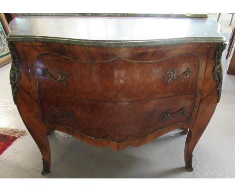 Louis XV style kingswood bombe commode chest, the green veined marble serpentine top above serpentine shaped two drawers, fla