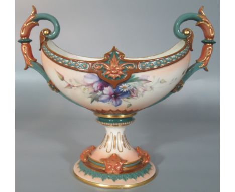 Early 20th century Hadley Worcester boat shaped two-handled vase, hand painted with clematis above a base with moulded grotes