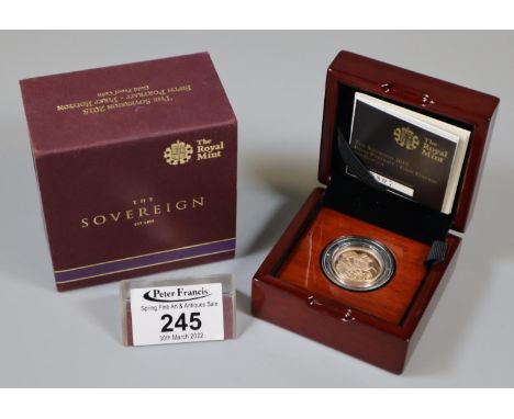 2015 UK Jody Clark gold proof sovereign, fifth portrait- first edition. Royal Mint wooden box with outer box and slip cover. 
