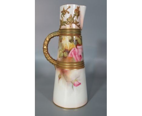 Royal Worcester porcelain 1047 hand painted Ewer jug of conical form overall with pink and yellow roses. Signed R Austin, dat