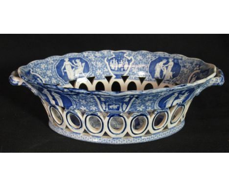 Early 19th century blue and white transfer printed Spode chestnut basket of flared oval form, decorated with 'Greek' pattern,