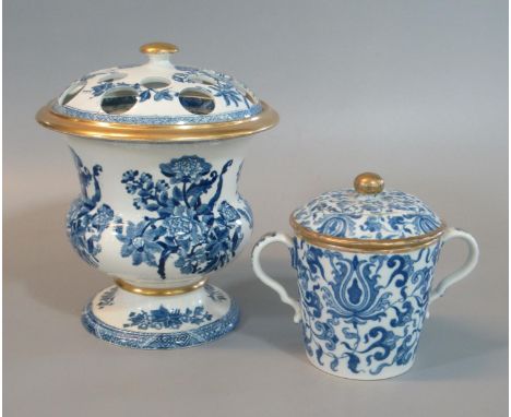 19th century Spode china blue and white transfer printed two-handled chocolate cup and cover, overall decorated with foliate 