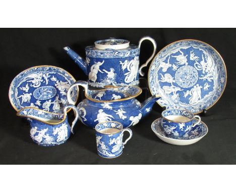 Collection of early 19the century Spode blue and white transfer printed items in the 'Love Chase' pattern with printed Grecia