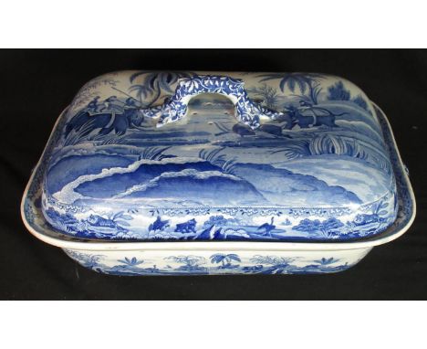 Early 19th century Spode Indian Sporting Series blue and white transfer printed lidded vegetable tureen, of oval form, 'Hunti
