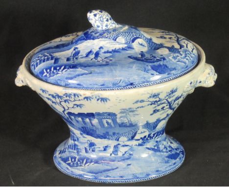 19th century Spode blue and white transfer printed footed and lidded tureen continuously decorated with 'Citadel Near Corinth