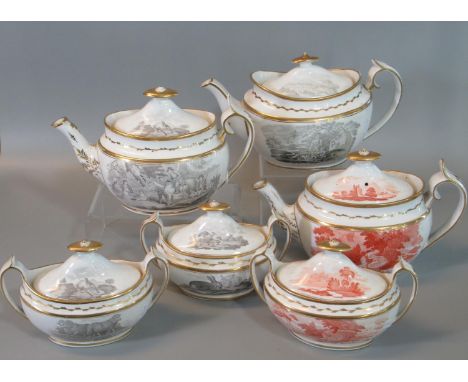 Group of 19th century Spode china silver-shaped bat printed wares to include three lidded boat-shaped sucrieres and three bal