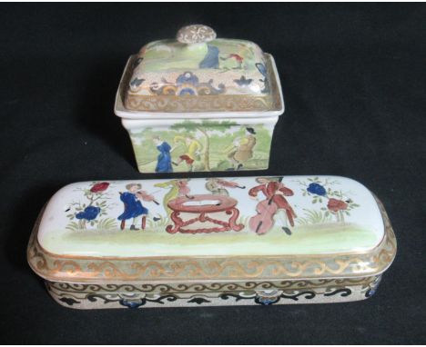 Early 19th century Spode coloured musicians lidded pen box, 19.5cm long approximately. Together with another early 19th centu