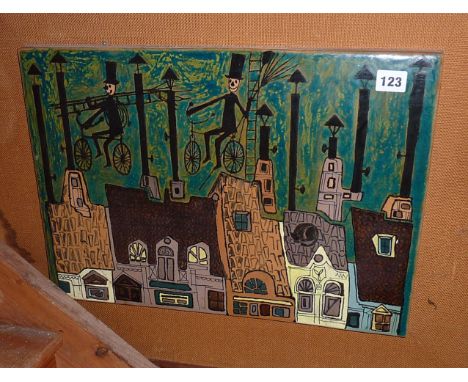 1960s painted and glazed ceramic panel of a stylised cityscape with chimneys and bicycling sweeps in the sky by Luciana BORGH