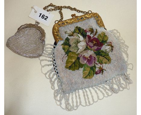 Vintage beaded evening purse or bag and a white metal mesh purse