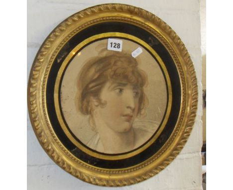 19th c. mezzotint portrait of a young girl in circular giltwood frame