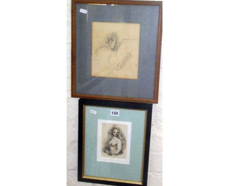 Pen and ink portrait of a naked woman by Patricia HAMILTON, book illustrator and a pencil drawing of an artist at a drawing b