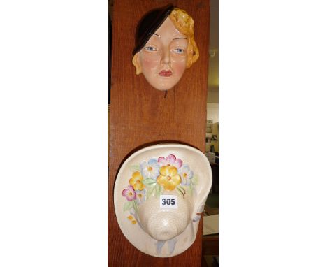 Art Deco Beswick lady with hat wall mask, and a Beswick hat wall plaque