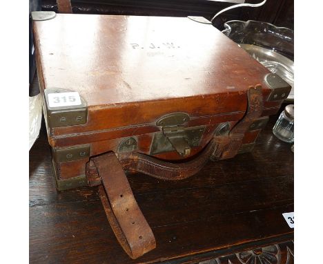 Vintage Army and Navy Gun Department brass bound leather cartridge case with compartmentalised interior