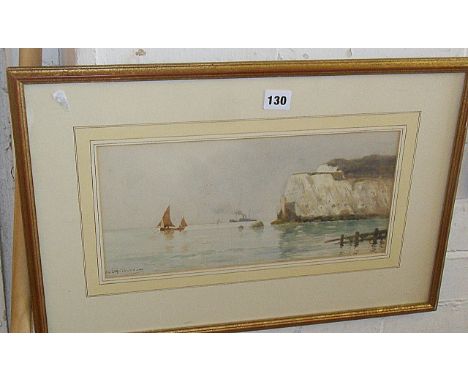 R. Esdaille RICHARDSON (Exh 1897) watercolour of the Western Cliff at Freshwater Bay, Isle of Wight with battleship steaming 
