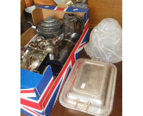 Box of assorted silver plated items and cutlery and a glass light shade