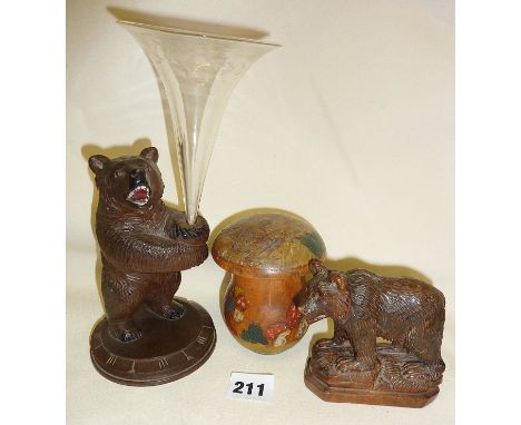 1930's Folk Art mushroom or toadstool wooden box, decorated with painted gnomes etc., and a carved Black Forest bear with gla