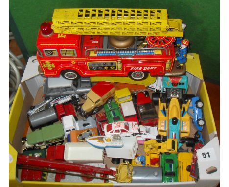 Japanese tin plate fire engine and assorted diecast vehicles
