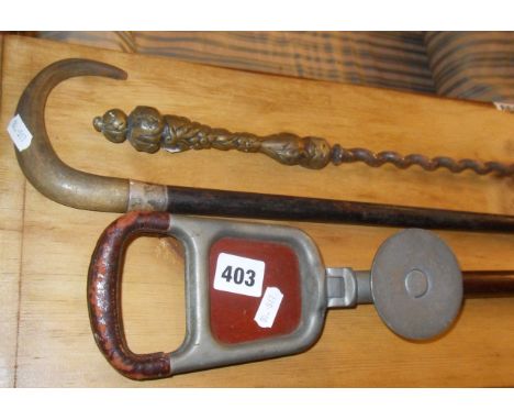 Shooting stick, horn handled walking stick and Victorian brass handled twisted steel pokers