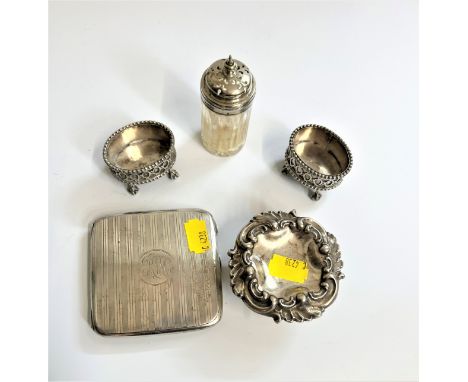 Miscellaneous silver. Various dates and makers. Mostly Sterling Silver. Including a pair of salt cellars, a cigarette case, a