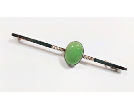 A Jade and 15 carat yellow gold&nbsp; bar brooch. Set with diamonds 7.4 grams (all in)