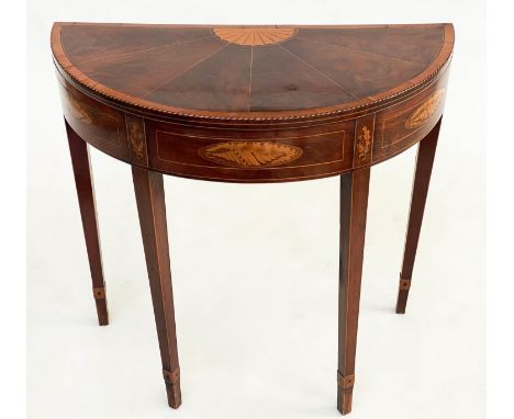 CARD TABLE, George III figured mahogany and satinwood demilune with foldover baize top with sunburst radial veneer and conch 