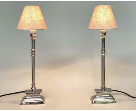 CANDLESTICK TABLE LAMPS, Italian style chromium metal with stepped plinths and shades, 50cm H. (2) 