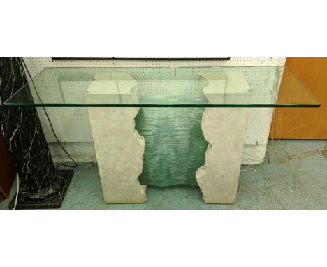 CONSOLE TABLE, 140cm x 45cm x 47cm, abstract glass and stone base, glass top. 