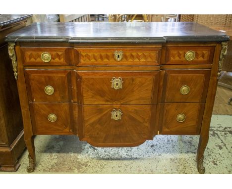 COMMODE, 91cm H x 122cm x 59cm, Transitional tulipwood, parquetry and gilt bronze mounted, circa 1770, with marble top above 