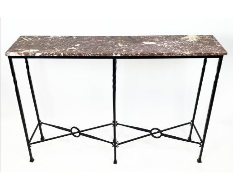 CONSOLE TABLE, French wrought iron base with rectangular breche rouge marble top, 102cm H x 153cm x 36cm. 