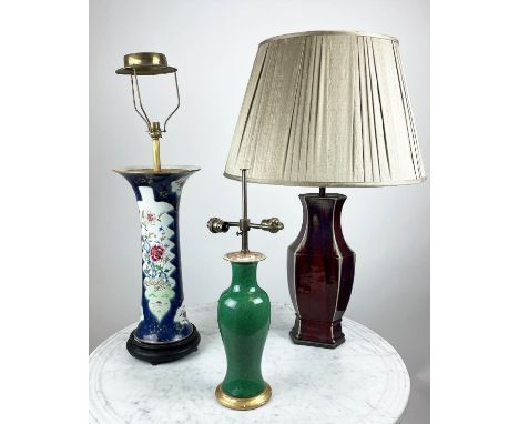 CHINESE LAMPS, three 18th/19th century including a flambe glazed facetted hu-form lamp with silk shade, a famille rose powder