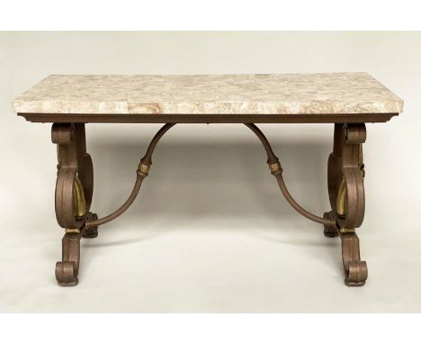 CONSOLE TABLE, rectangular veneered sienna marble top, on gilt antelope centered bronze trestles, 153cm x 61cm x 72cm H. 