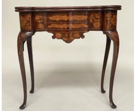 DUTCH CARD TABLE, 19th century mahogany and satinwood foliate marquetry with apron drawer foldover baize lined, 75cm W x 37cm